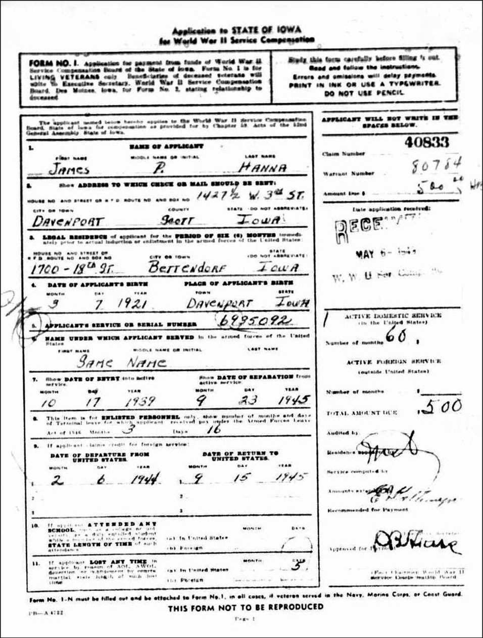 James Hanna's Iowa Veterans World War II Dischage
